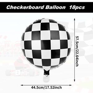 Prasacco 10Pcs Racing Car Balloon Checkerboard Mylar Balloon Foil Balloons with Ribbon and Straw Black White Checkered Helium Balloon for Boy Adult 18inch