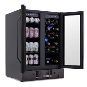 NewAir 24” Wine and Beverage Refrigerator and Cooler, 18 Bottle and 60 Can Capacity, Built-in Dual Zone Fridge in Black Stainless Steel with French Doors