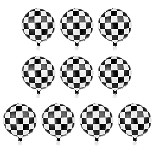 Prasacco 10Pcs Racing Car Balloon Checkerboard Mylar Balloon Foil Balloons with Ribbon and Straw Black White Checkered Helium Balloon for Boy Adult 18inch