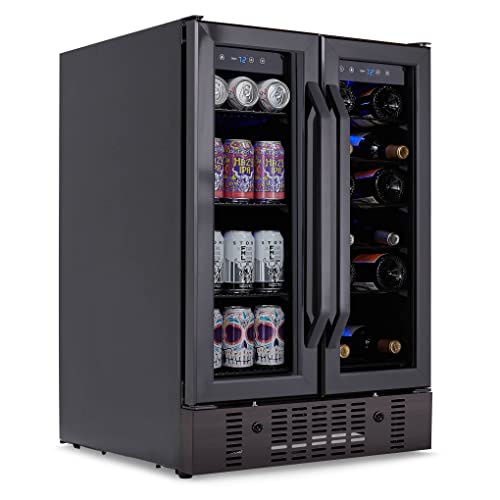 NewAir 24” Wine and Beverage Refrigerator and Cooler, 18 Bottle and 60 Can Capacity, Built-in Dual Zone Fridge in Black Stainless Steel with French Doors