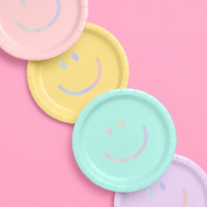 xo, Fetti Smiley Paper Plates - 24 pk, 9" | Happy Pastel Birthday Party Decorations, Cute Bachelorette Party, Cool Cake Plates