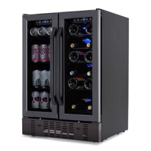 NewAir 24” Wine and Beverage Refrigerator and Cooler, 18 Bottle and 60 Can Capacity, Built-in Dual Zone Fridge in Black Stainless Steel with French Doors