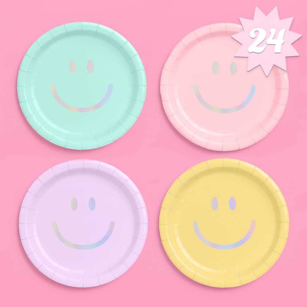 xo, Fetti Smiley Paper Plates - 24 pk, 9" | Happy Pastel Birthday Party Decorations, Cute Bachelorette Party, Cool Cake Plates