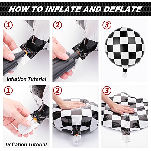 Prasacco 10Pcs Racing Car Balloon Checkerboard Mylar Balloon Foil Balloons with Ribbon and Straw Black White Checkered Helium Balloon for Boy Adult 18inch