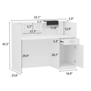 Homsee Modern Reception Desk Counter with Hutch, Adjustable Storage Cube, Lockable Drawer & 1 Door Cabinet, Office Wooden Computer Desk Reception Table, White and Black