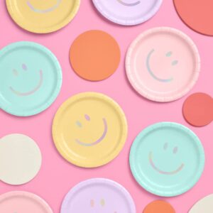 xo, Fetti Smiley Paper Plates - 24 pk, 9" | Happy Pastel Birthday Party Decorations, Cute Bachelorette Party, Cool Cake Plates