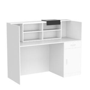 Homsee Modern Reception Desk Counter with Hutch, Adjustable Storage Cube, Lockable Drawer & 1 Door Cabinet, Office Wooden Computer Desk Reception Table, White and Black