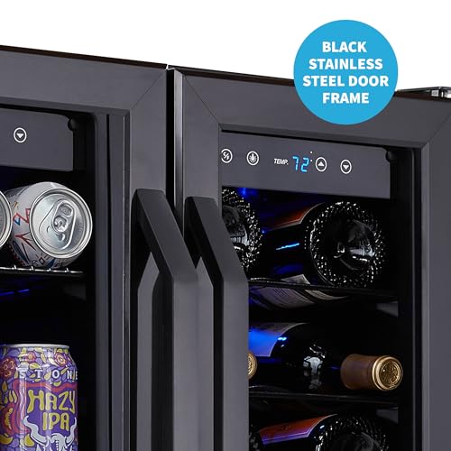 NewAir 24” Wine and Beverage Refrigerator and Cooler, 18 Bottle and 60 Can Capacity, Built-in Dual Zone Fridge in Black Stainless Steel with French Doors