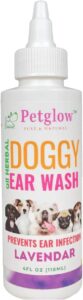 petglow dog ear cleaner, gentle wax remover, gentle ear cleaning drops, effective ear drops for itch, odor, aloe vera and turmeric ear cleaning solution for dogs, cruelty-free