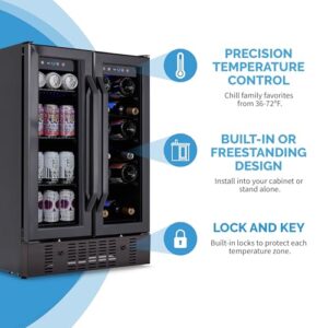 NewAir 24” Wine and Beverage Refrigerator and Cooler, 18 Bottle and 60 Can Capacity, Built-in Dual Zone Fridge in Black Stainless Steel with French Doors