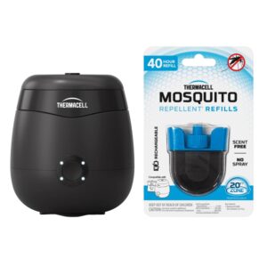 thermacell patio shield mosquito repellent e-series rechargeable repeller; 20’ mosquito protection zone; includes 12-hr repellent refill; no flame or scent; bug spray and bug zapper alternative