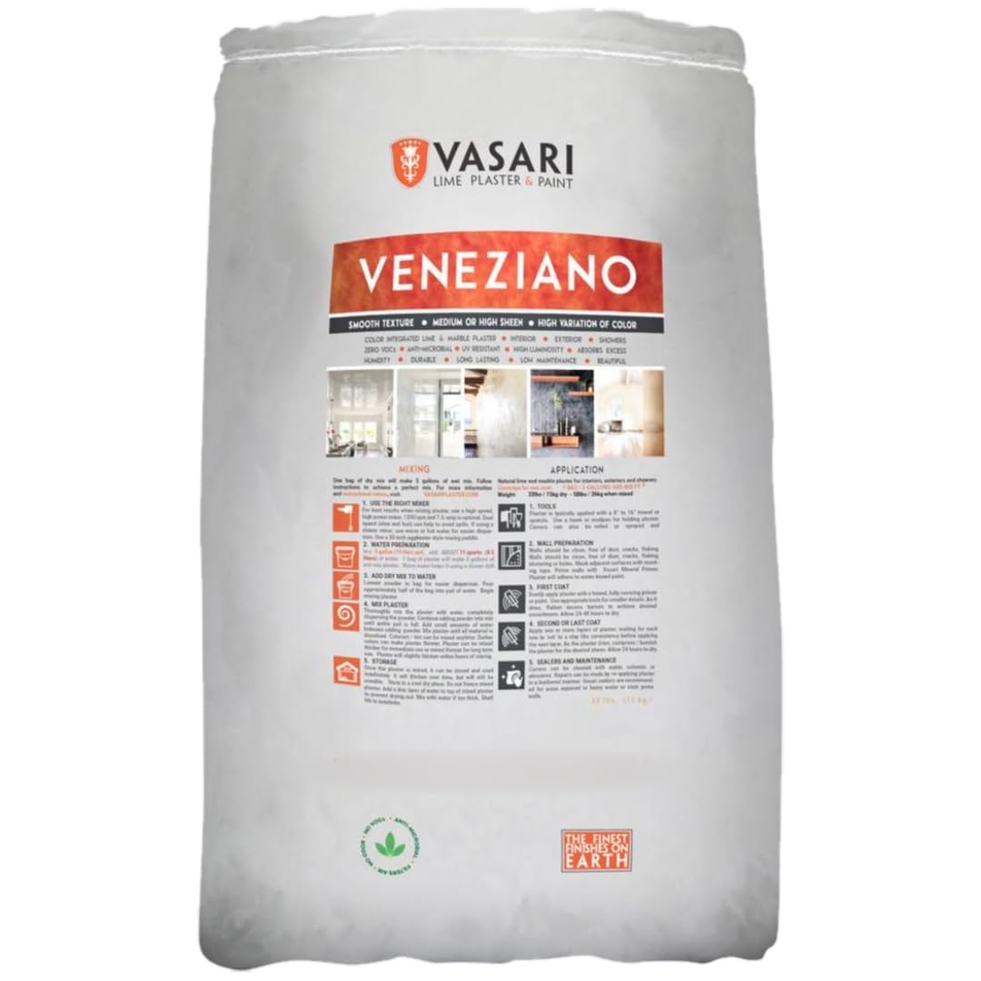 VASARI Lime Plaster & Paint | Veneziano Plaster (Smooth Finish) | Made from Natural Lime and Powdered Marble | color: Natural white #1 | Dry Mix (Makes 5 Gallons Plaster)