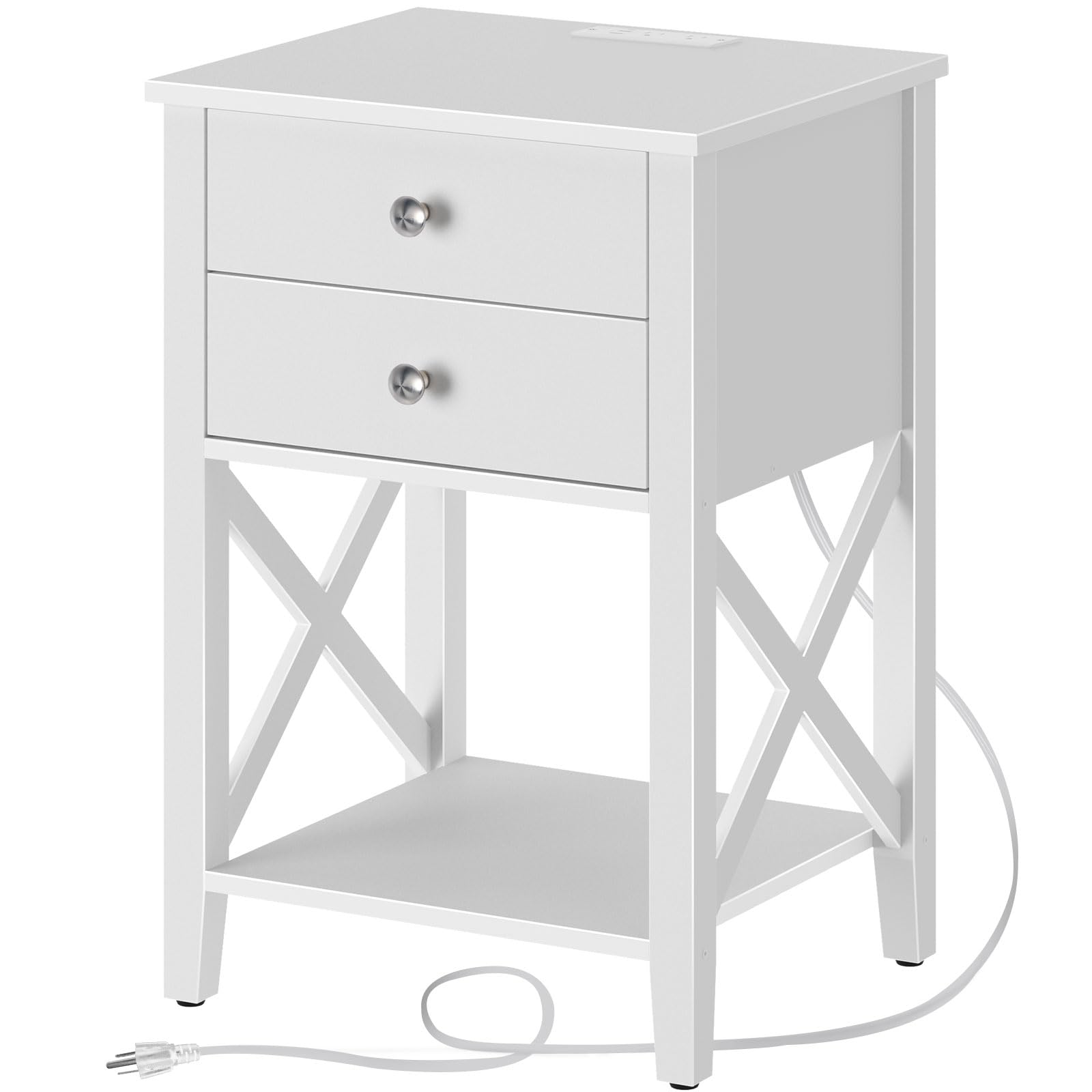 Rolanstar Nightstand with Charging Station, Night Stand with 2 Drawers, 2 AC and USB Power Outlets, Accent Bed Side Table with Storage Shelf for Bedroom, White