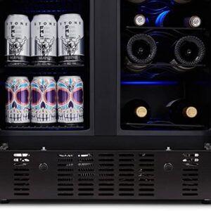 NewAir 24” Wine and Beverage Refrigerator and Cooler, 18 Bottle and 60 Can Capacity, Built-in Dual Zone Fridge in Black Stainless Steel with French Doors