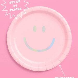 xo, Fetti Smiley Paper Plates - 24 pk, 9" | Happy Pastel Birthday Party Decorations, Cute Bachelorette Party, Cool Cake Plates