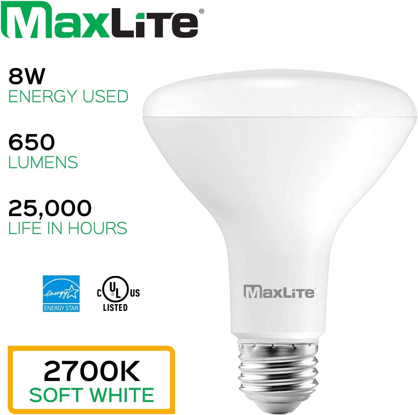 MaxLite LED BR Reflector LAMP 8W BR30 DIM 5000K 4PK, White (8BR30D50/4P/WS)