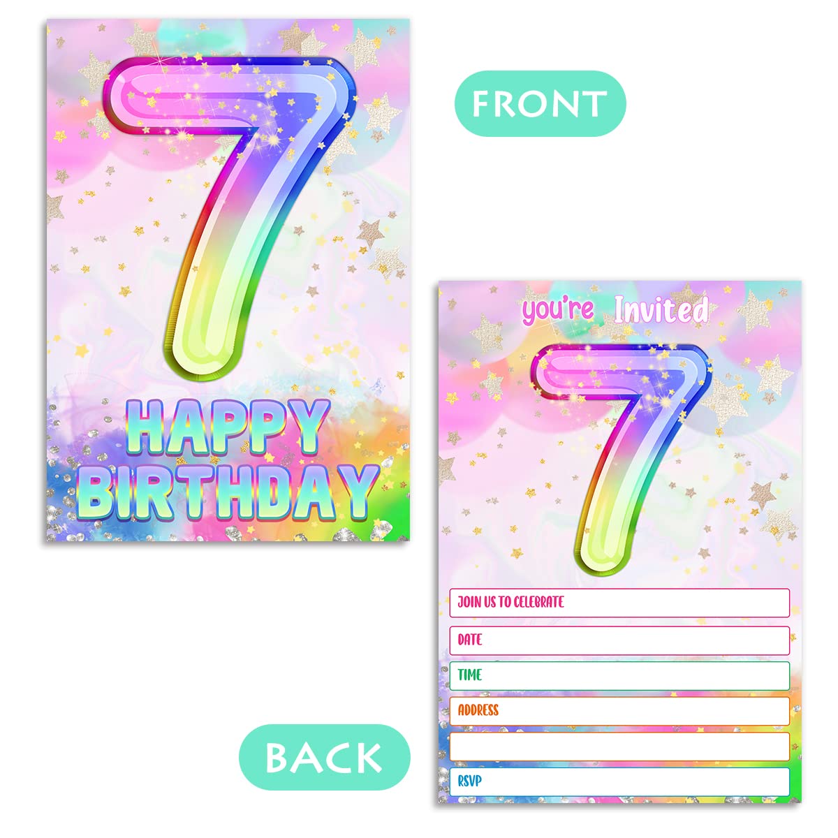 MUZRUYOU 7th Birthday party Invitation Cards, Rainbow Holographic invite with Envelopes（20 pack