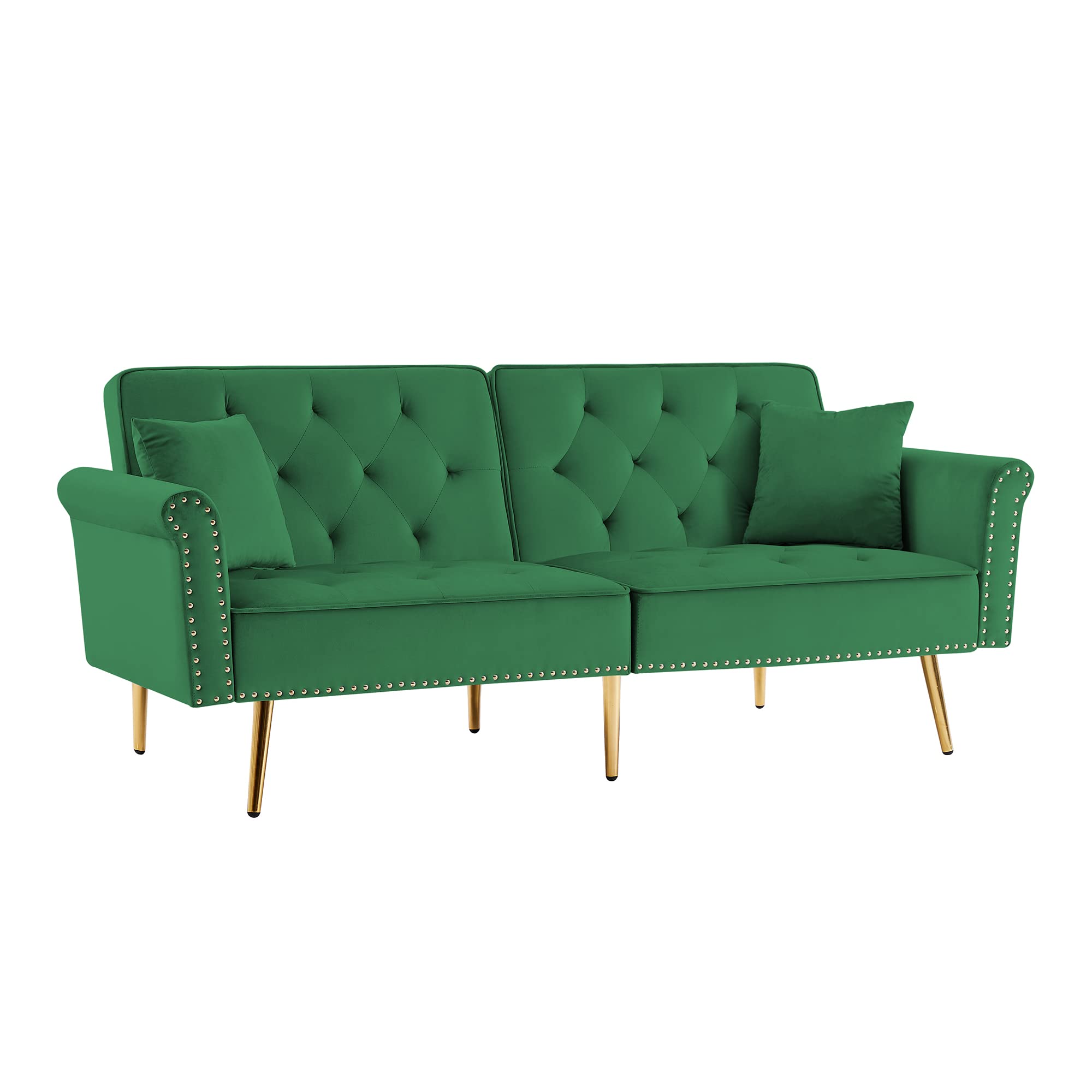 Kakotito Tufted Velvet Sofa Bed Sleeper with 2 Pillows, Luxury Loveseat Couch, Splitback Futon for Living Room & Office, Convertible Futon with Vintage Nailhead Trim and Metal Legs (Green)