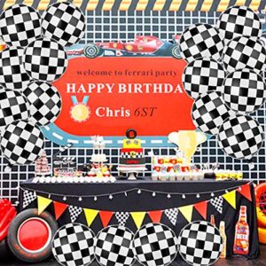 Prasacco 10Pcs Racing Car Balloon Checkerboard Mylar Balloon Foil Balloons with Ribbon and Straw Black White Checkered Helium Balloon for Boy Adult 18inch