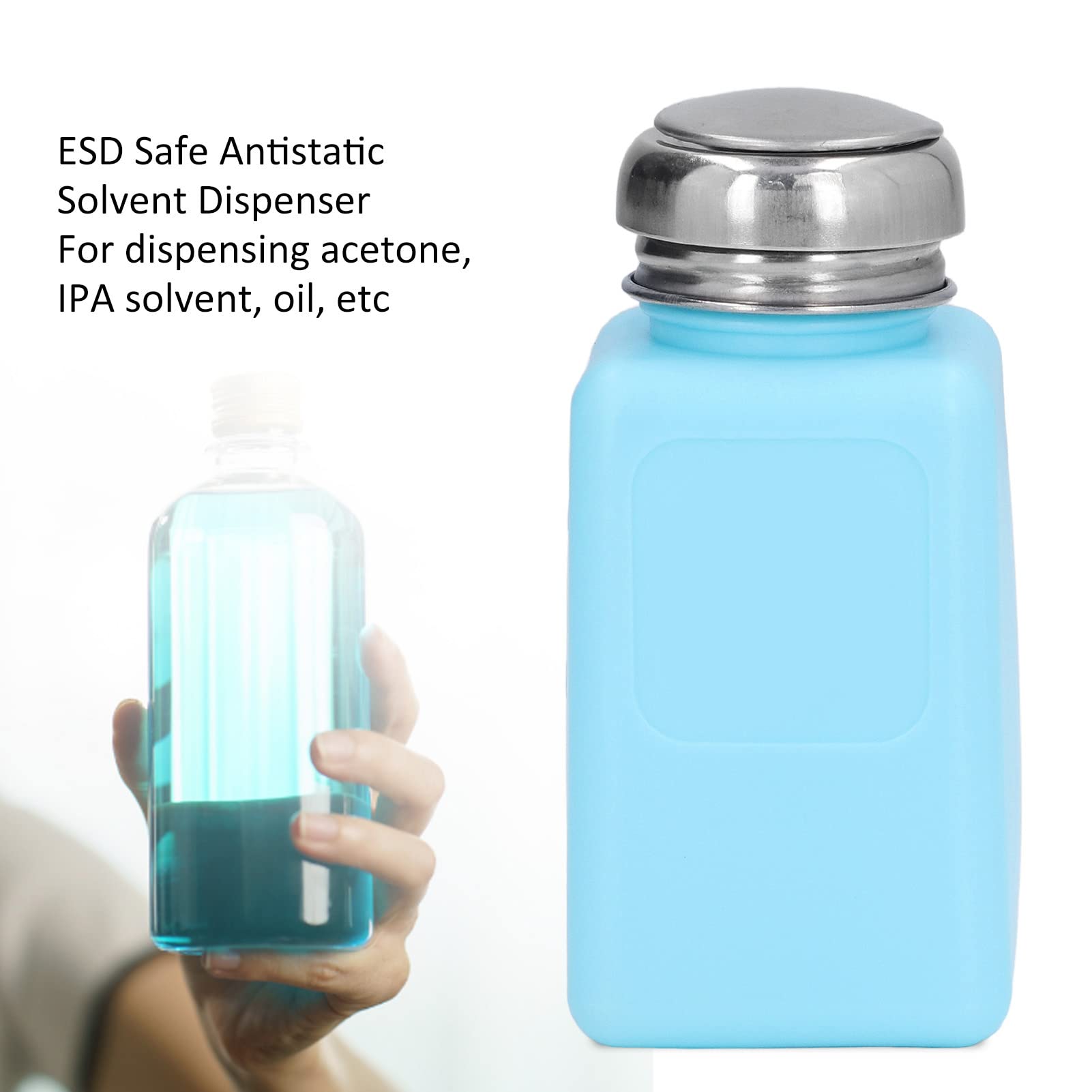 Garosa 200ML Press Type Solvent Dispenser Push Type Anti Static Alcohol Bottle Push Down Pump Dispenser Bottle ESD Bottle with Stainless Steel Lid(blue)