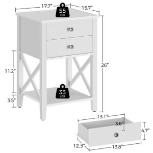 Rolanstar Nightstand with Charging Station, Night Stand with 2 Drawers, 2 AC and USB Power Outlets, Accent Bed Side Table with Storage Shelf for Bedroom, White