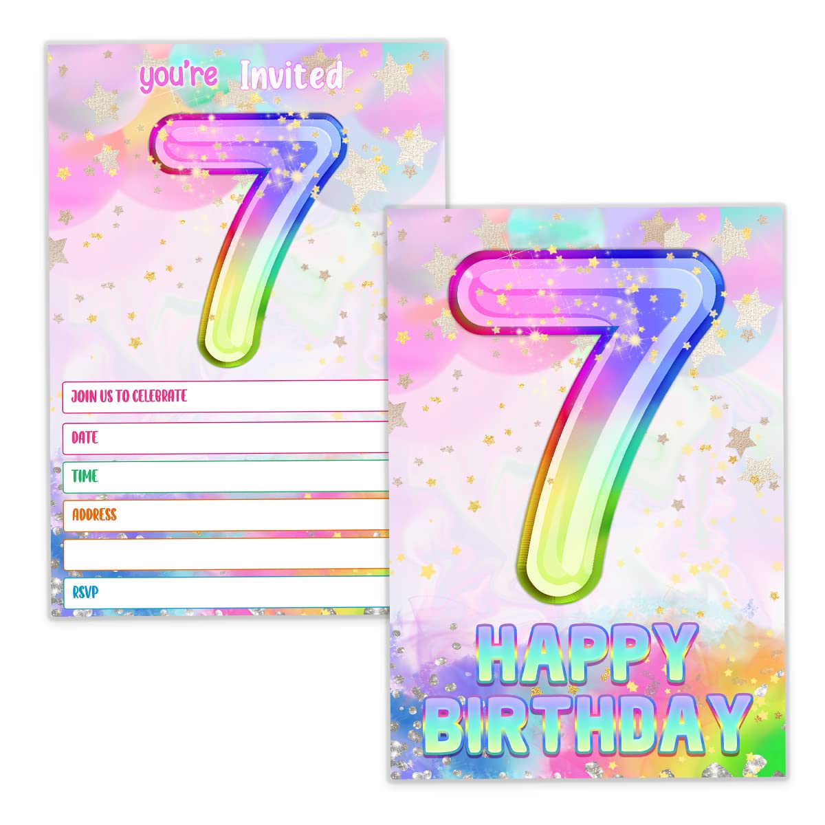 MUZRUYOU 7th Birthday party Invitation Cards, Rainbow Holographic invite with Envelopes（20 pack