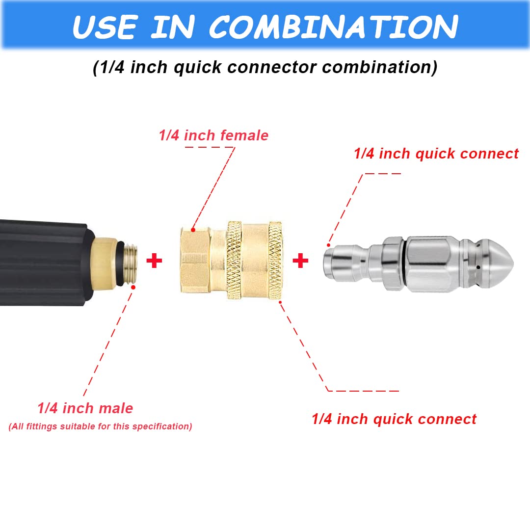 2 Pack 5000 PSI Sewer Jet Nozzle with Pressure Washer Coupler, Stainless Steel 1/4 Inch Pressure Washer Drain Jetter Hose Nozzle and Brass Fittings Quick Connector, 1/4'' Quick Connect to Female NPT