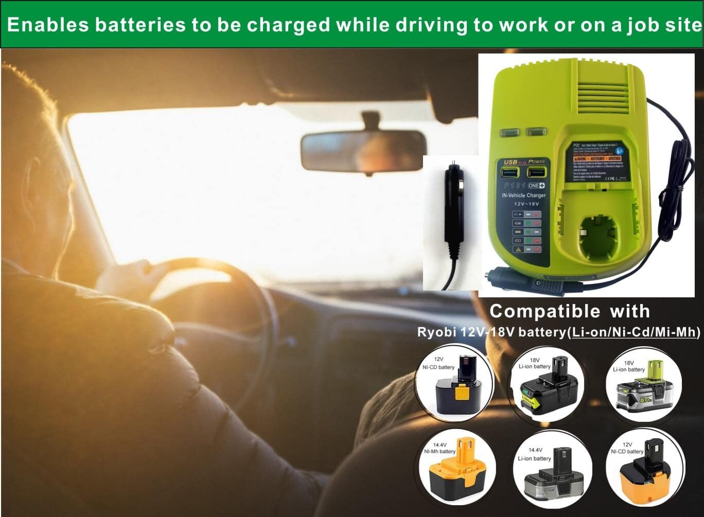 Compaitble with Ryobi P131 One+ Portable Dual Chemistry Lithium Ion or NiCad Vehicle Charger,Car Battery Charger, for Battery P107 P102 P108 P122 P161 P190 P191 P192 P100 P103 P104 P105 P106