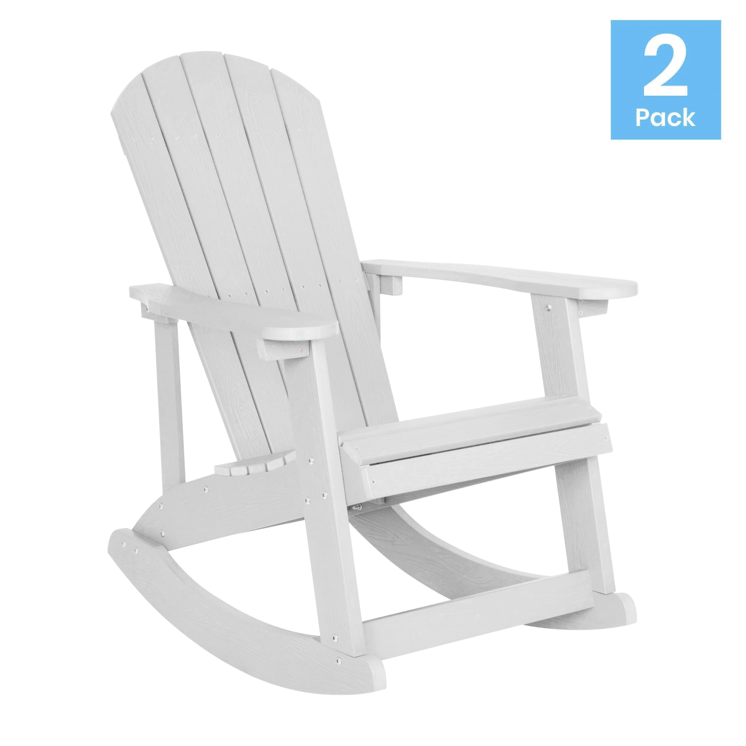 BizChair Poly Resin Wood Adirondack Rocking Chair - All Weather White Polystyrene - Stainless Steel Hardware - Set of 2