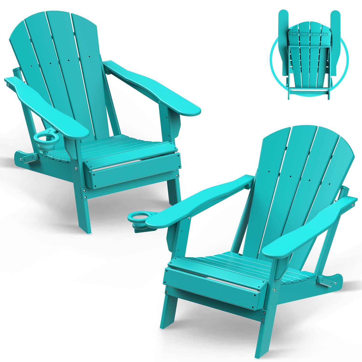 BRIOPAWS Folding Adirondack Chairs Set of 2, Weather Resistant Patio Chairs w/Cup Holder, HDPE Plastic Chair, Lawn Chairs for Fire Pit, Deck, Outdoor, Porch, Campfire, Aqua, 2 Packs