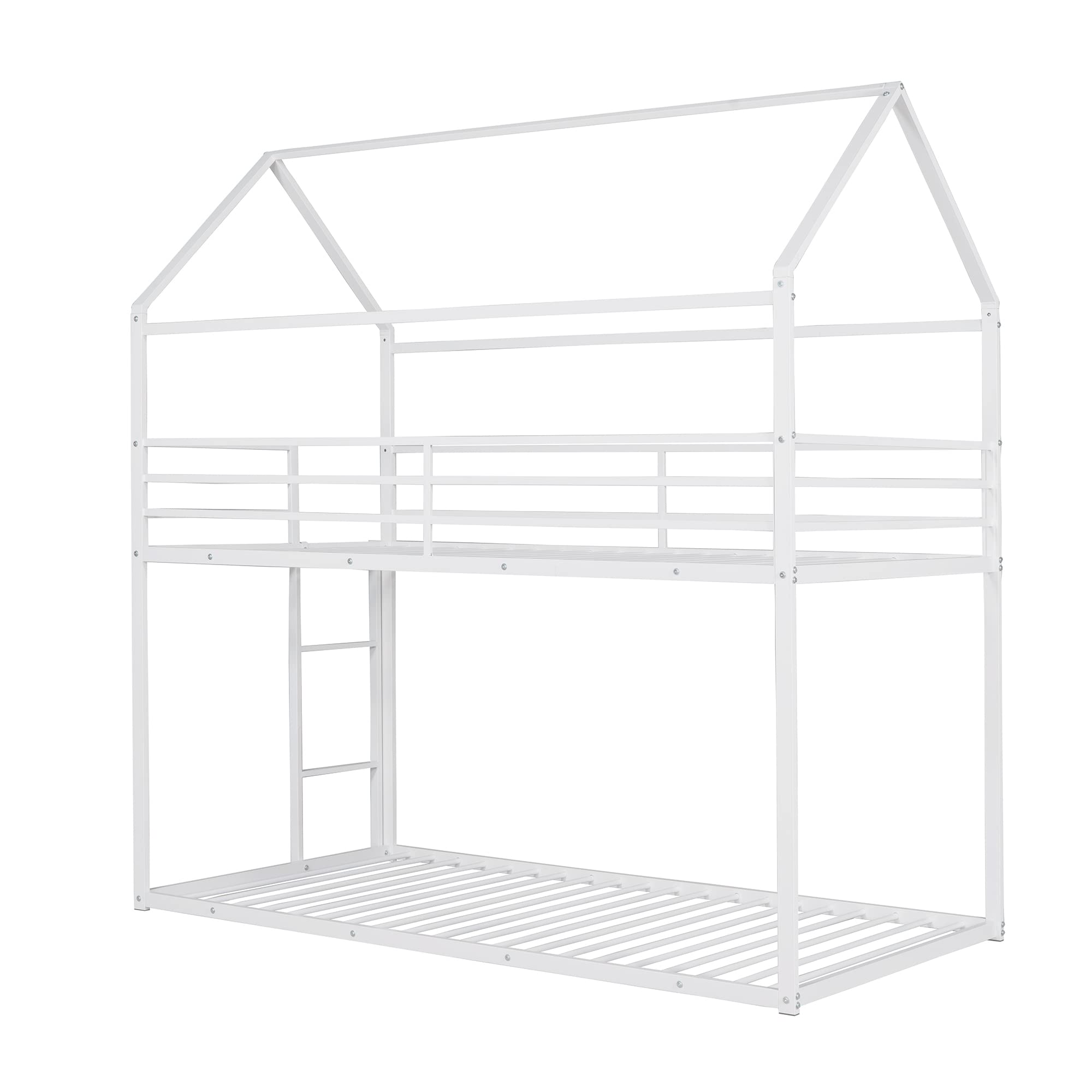 Merax Twin Over Twin House Bunk Bed, Metal Bed Frame Bunk Beds with Roof and Built-in Ladder, No Box Spring Needed, White