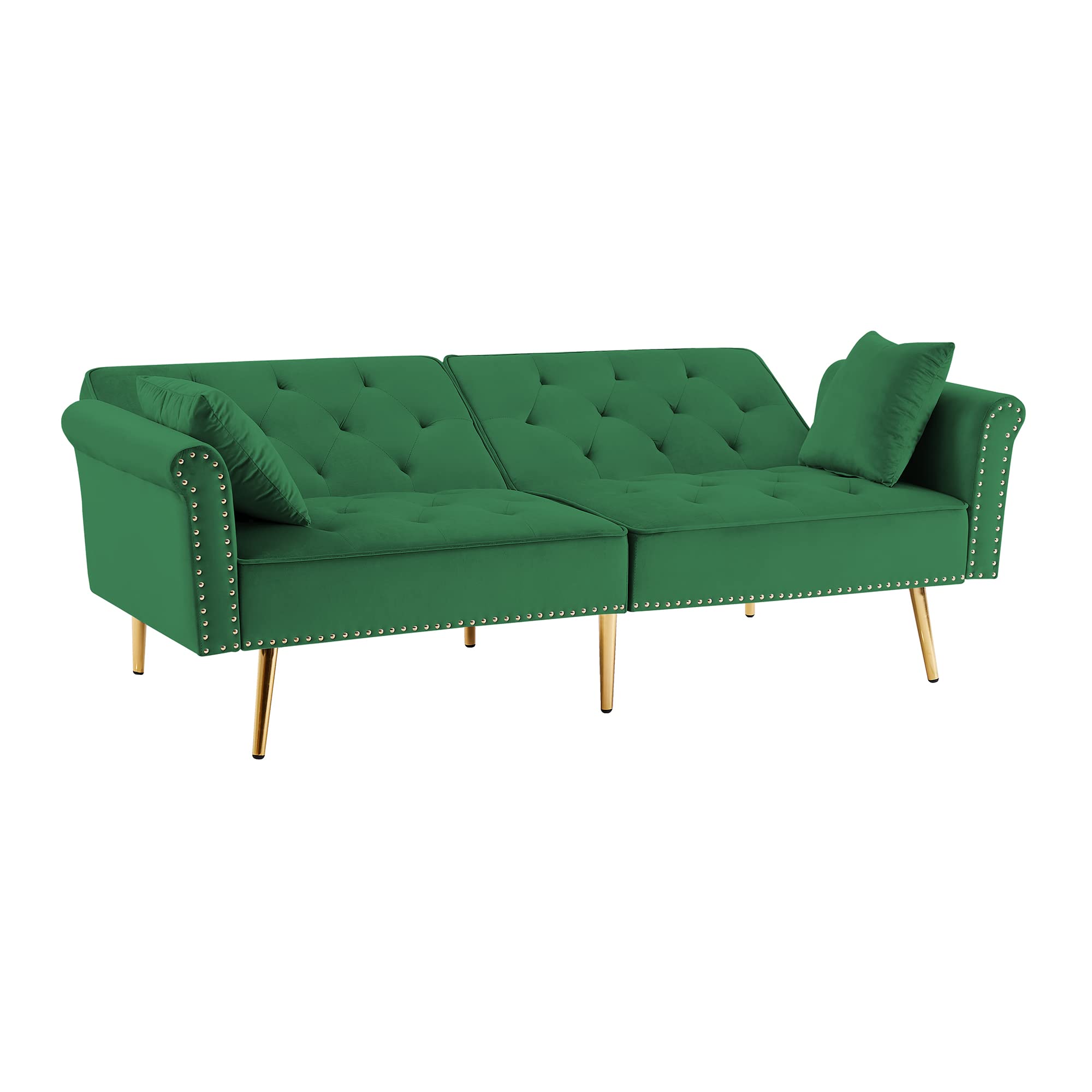 Kakotito Tufted Velvet Sofa Bed Sleeper with 2 Pillows, Luxury Loveseat Couch, Splitback Futon for Living Room & Office, Convertible Futon with Vintage Nailhead Trim and Metal Legs (Green)