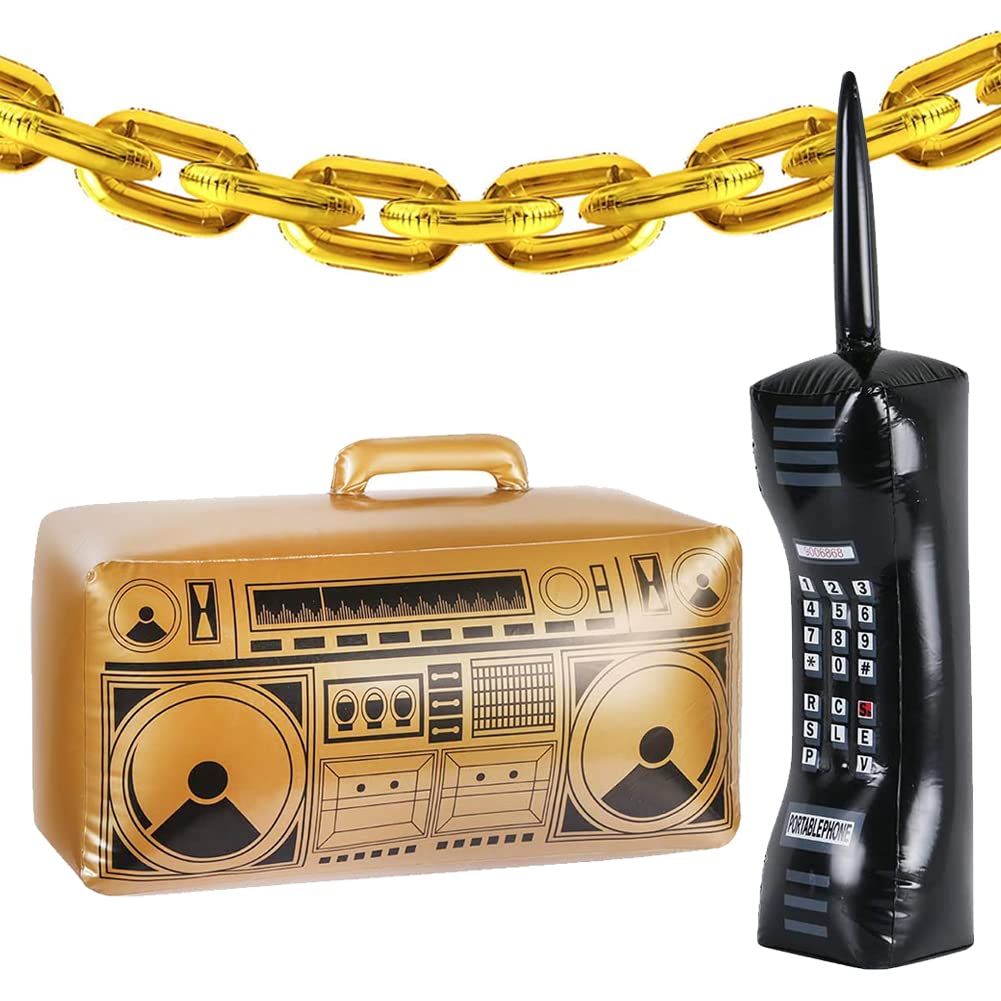 AYRXG 26 Pieces 80s 90s Party Decorations Inflatable Radio Boombox Inflatable Mobile Phone 16 Inch Gold Inflatable Foil Chain Balloons for Cosplay Props Hip Hop Theme Birthdays Weddings Graduations