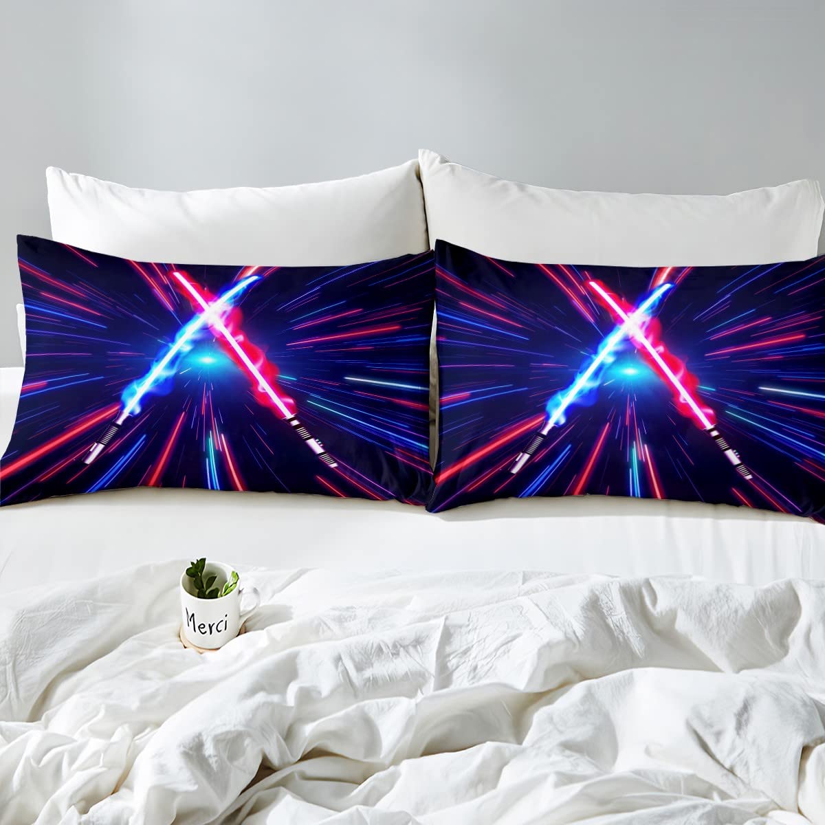 Lightsaber Duvet Cover Set Queen Size,Geometric Lines Gradient Bedding Set 3pcs for Kids Teens Boys Room Decor, Future Technology Metaverse Comforter Cover Red Blue Quilt Cover with 2 Pillowcases