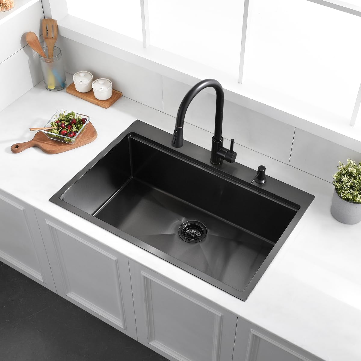 33 Drop In Black Workstation Kitchen Sink, Luckyhorse 33x22 16 Gauge Gunmetal Black Stainless Steel Sink Drop In Workstation Kitchen Sink LH007SB