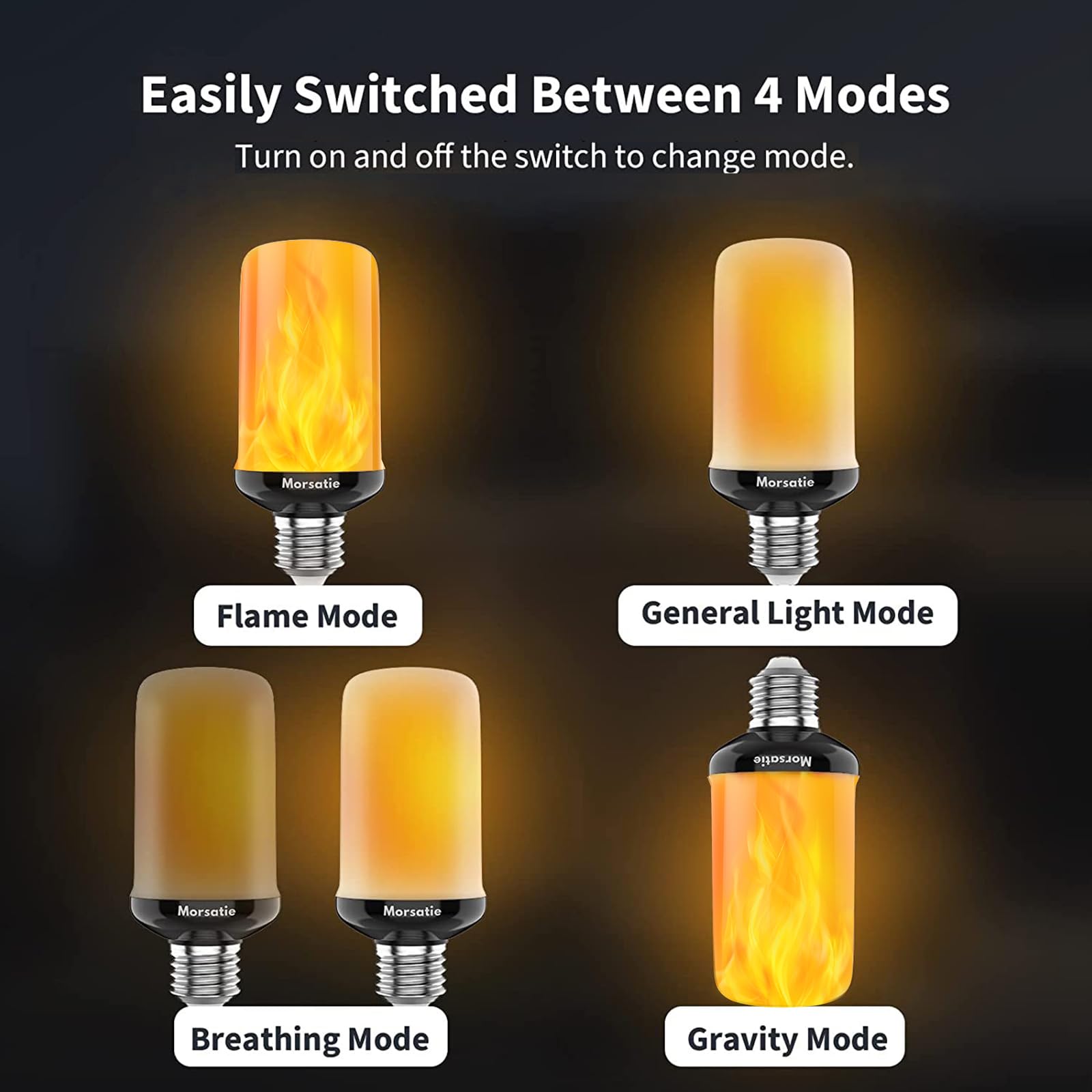 【Upgraded Flame】Morsatie LED Flame Light Bulbs, 4 Modes Flickering Light Bulbs with Gravity Sensor, E26 Fire Light Bulb for Halloween, Christmas, Party, Porch, Patio, Indoor Outdoor Decoration-2 Pack