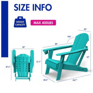 BRIOPAWS Folding Adirondack Chairs Set of 2, Weather Resistant Patio Chairs w/Cup Holder, HDPE Plastic Chair, Lawn Chairs for Fire Pit, Deck, Outdoor, Porch, Campfire, Aqua, 2 Packs