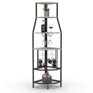 Espelism 5-Tier Corner Wine Rack Floorstanding with Glass Holder and Bottles Wine Storage Home Bar Furniture for Home Kitchen Dining Room Industrial Metal and Wooden Corner Shelf