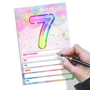 MUZRUYOU 7th Birthday party Invitation Cards, Rainbow Holographic invite with Envelopes（20 pack