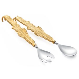 gute gold leaf salad servers brass & stainless steel, fork & spoon set leaf design, two tone ideal for weddings, dinner, elegant flatware, housewarming, stainless steel mirror polished