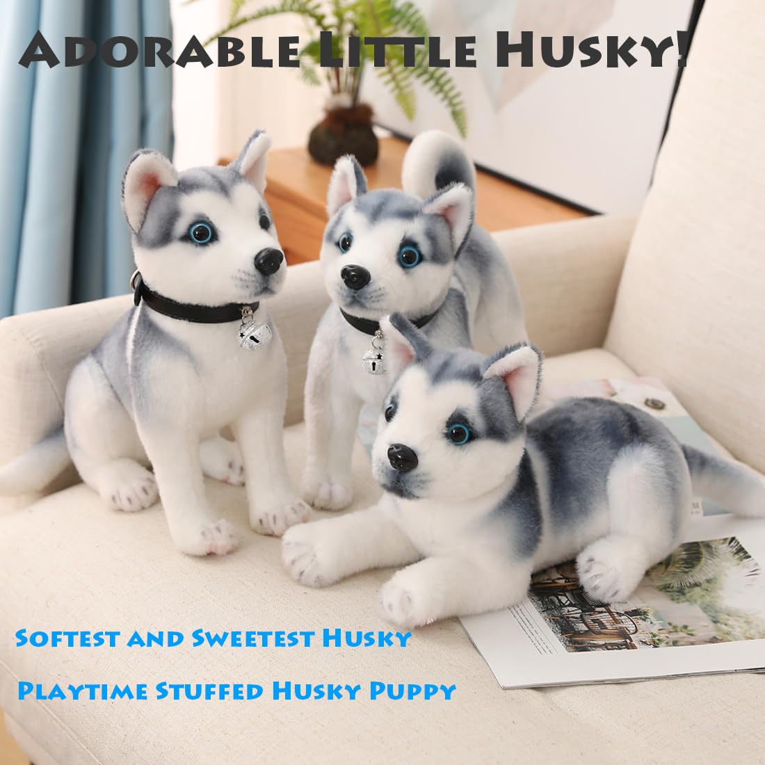 ELAINREN Lifelike Furry Husky Stuffed Animals Puppy Toy Realistic Huskies Chubby Anime Pillow Super Soft Siberian Husky Toy Plush Cute Pup Dolls Gifts,11.8Inch