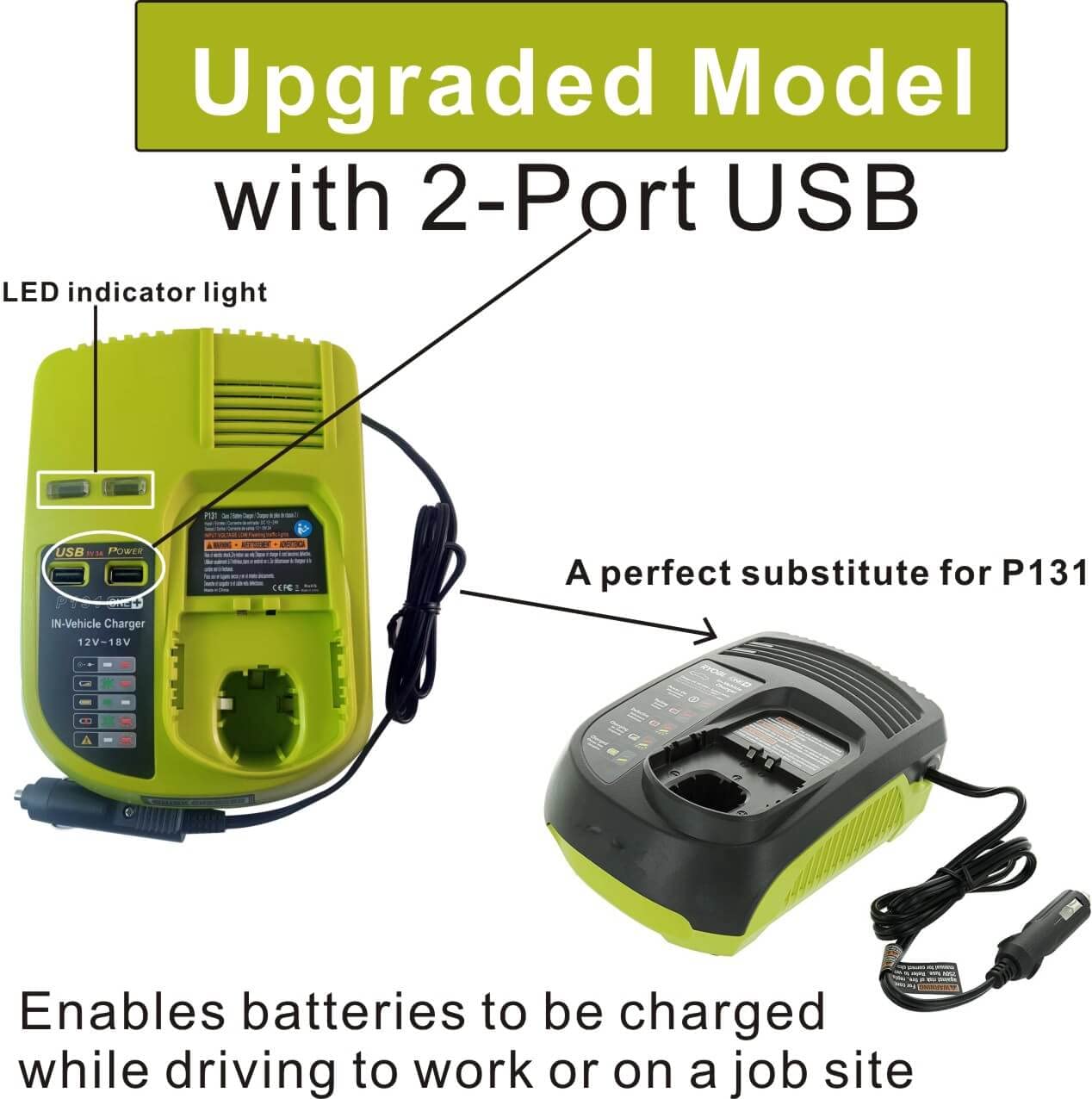 Compaitble with Ryobi P131 One+ Portable Dual Chemistry Lithium Ion or NiCad Vehicle Charger,Car Battery Charger, for Battery P107 P102 P108 P122 P161 P190 P191 P192 P100 P103 P104 P105 P106