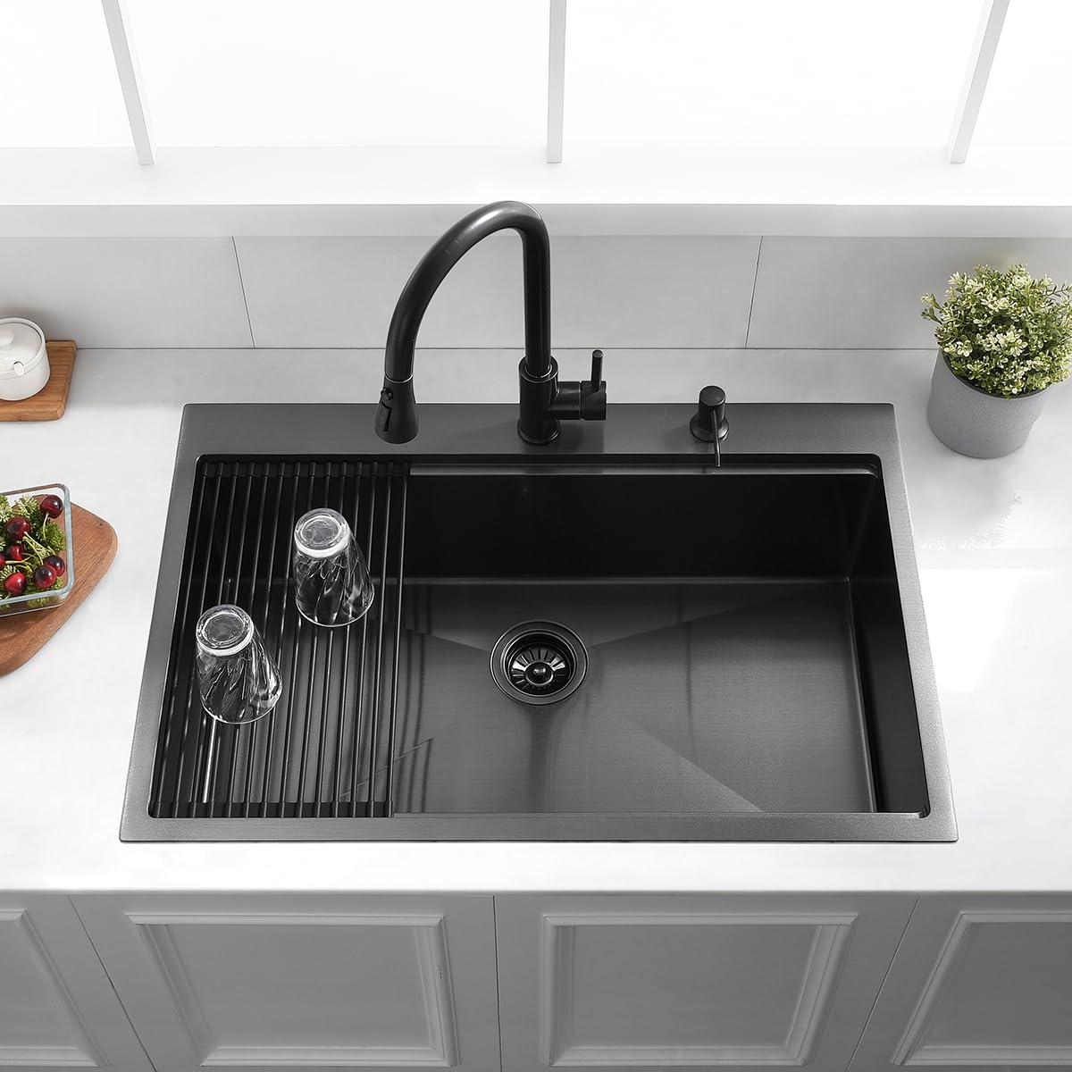 33 Drop In Black Workstation Kitchen Sink, Luckyhorse 33x22 16 Gauge Gunmetal Black Stainless Steel Sink Drop In Workstation Kitchen Sink LH007SB