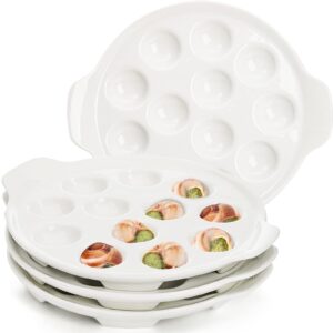 okllen 4 pack ceramic escargot plates with 12 holes and handles, 9 inch seafood snail dish footed plates white escargot baking dish server for home, kitchen, restaurant, hotel, bbq