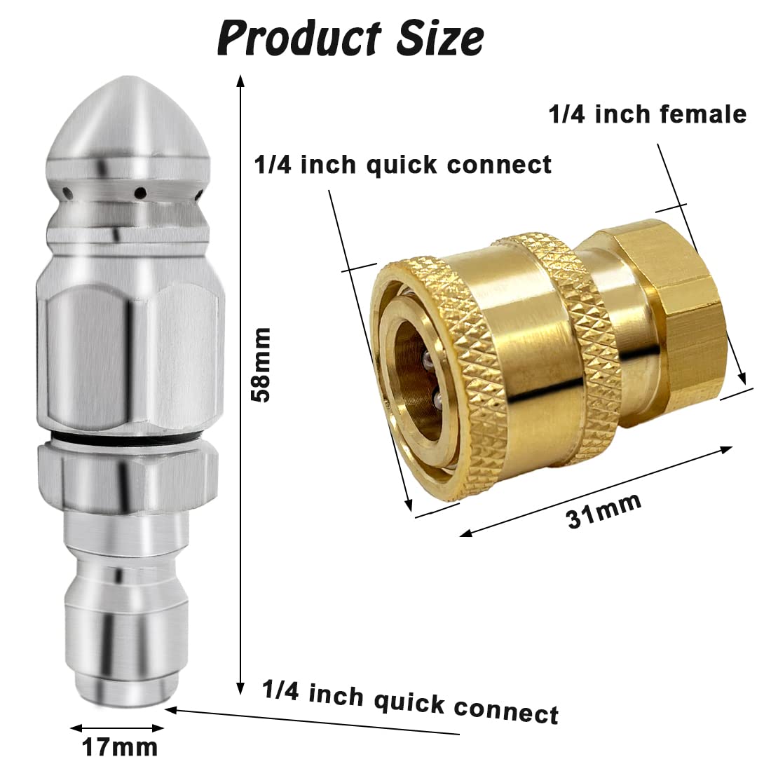 2 Pack 5000 PSI Sewer Jet Nozzle with Pressure Washer Coupler, Stainless Steel 1/4 Inch Pressure Washer Drain Jetter Hose Nozzle and Brass Fittings Quick Connector, 1/4'' Quick Connect to Female NPT