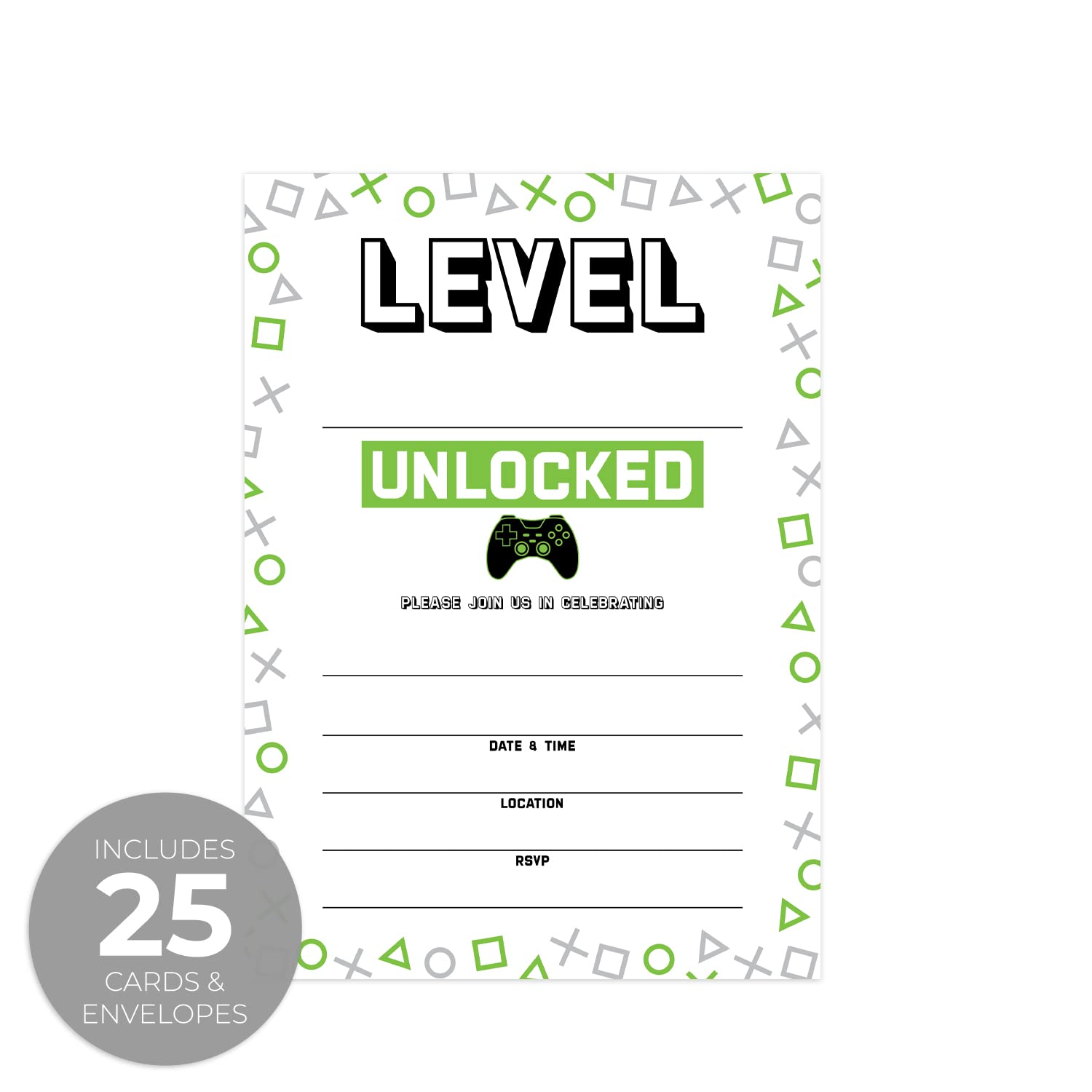 Canopy Street Level Up Gamer Birthday Party Invitations / 25 Fill In The Blank Video Game Themed Party Invites With Envelopes / 5" x 7" Player Event Invitation