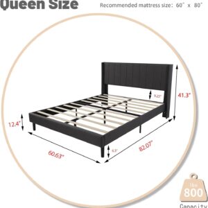 Zavoter Queen Size Bed Frame with Upholstered Wingback Headboard, Easy Assemnly Platform Bed, Wooden Slat Support No Box Spring Needed, Dark Gray