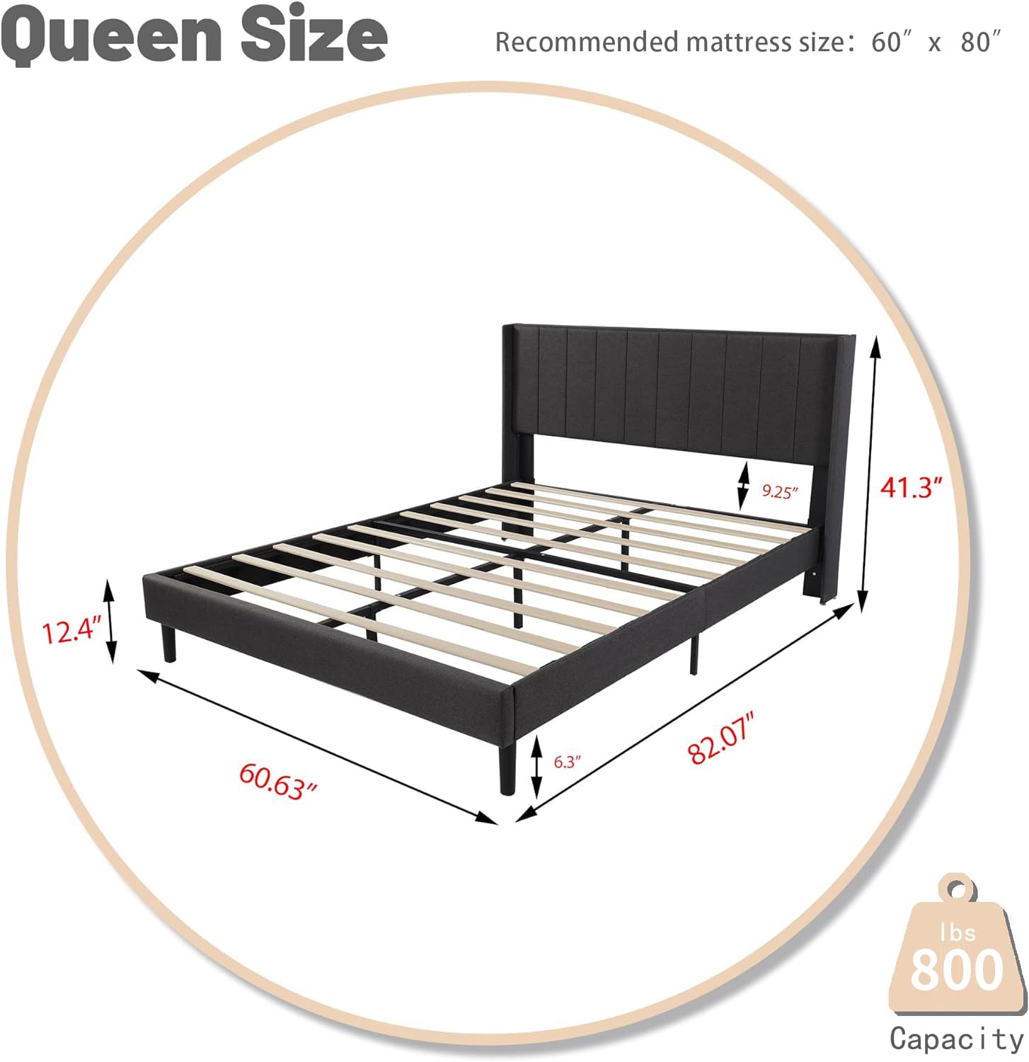 Zavoter Queen Size Bed Frame with Upholstered Wingback Headboard, Easy Assemnly Platform Bed, Wooden Slat Support No Box Spring Needed, Dark Gray