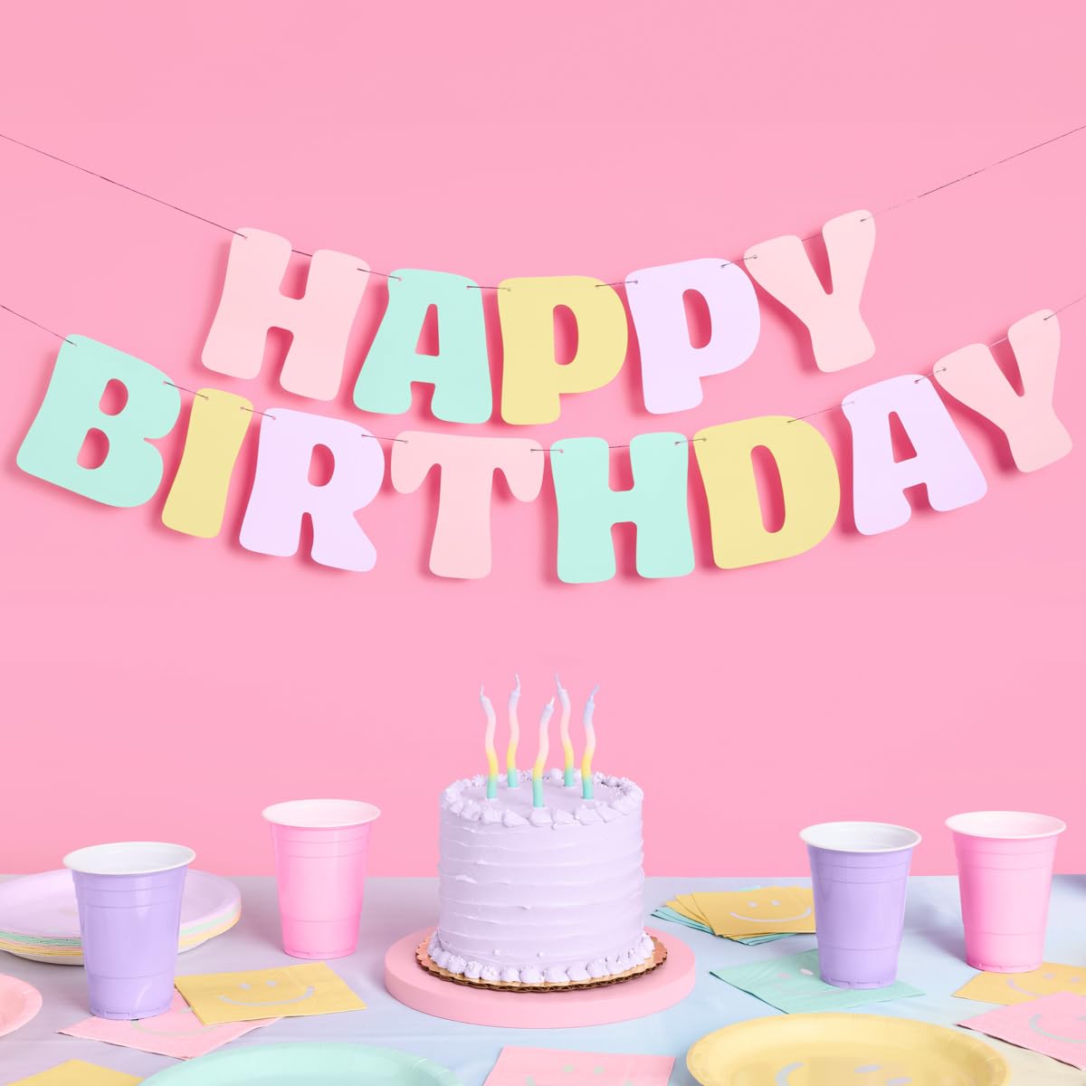 xo, Fetti Pastel Happy Birthday Banner - 1 Piece | Rainbow Bday Party Decorations, Cute Birthday Decor, Sweet 16, 21st