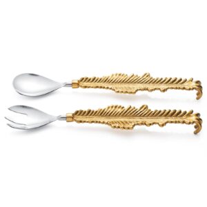 GUTE Gold Leaf Salad Servers Brass & Stainless Steel, Fork & Spoon Set Leaf Design, Two Tone Ideal for Weddings, Dinner, Elegant Flatware, Housewarming, Stainless Steel Mirror Polished